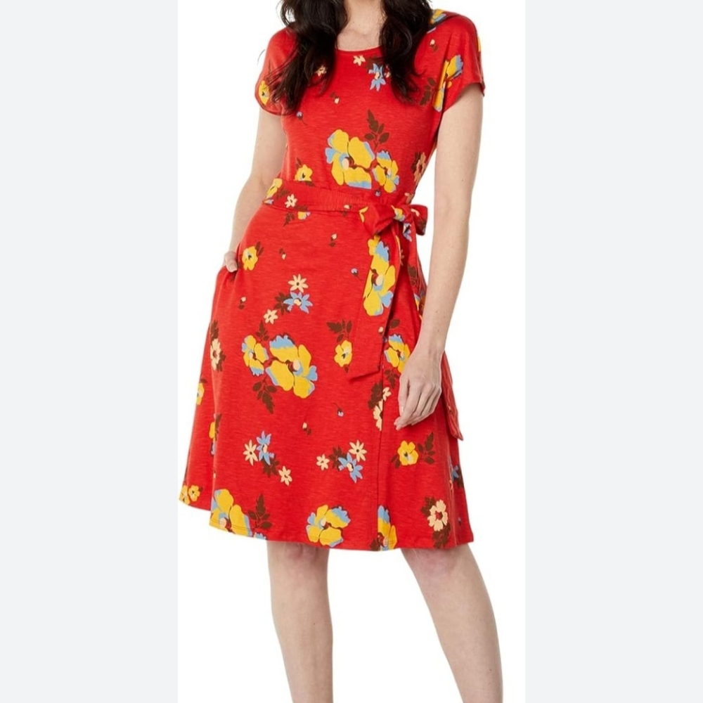 TOAD & CO Cue Wrap Short Sleeve Dress Red Floral With Pockets Size XL Fairy Core
